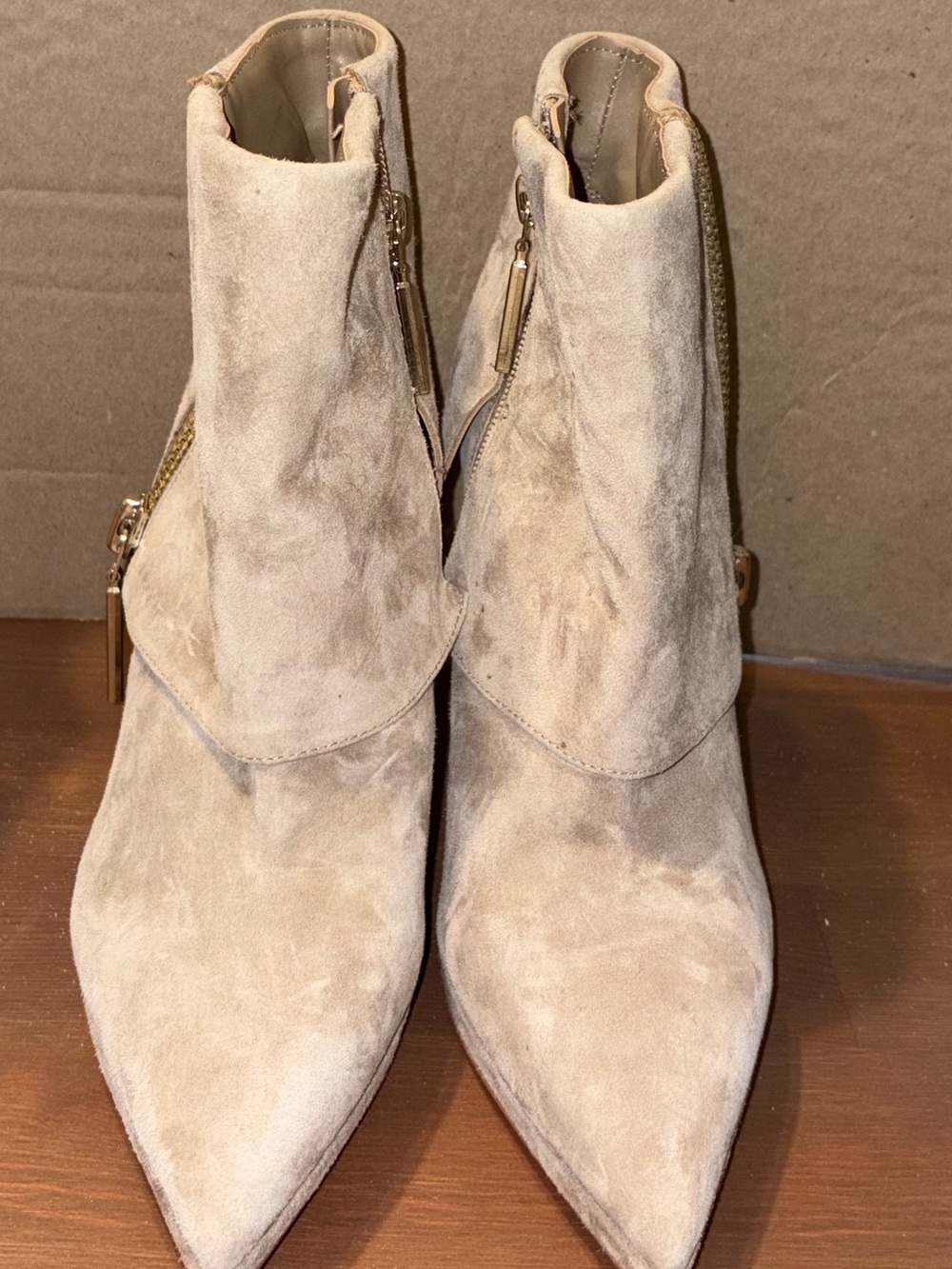 Steve Madden Beige Suede Pointed Toe Ankle Booties with Gold Zippers
